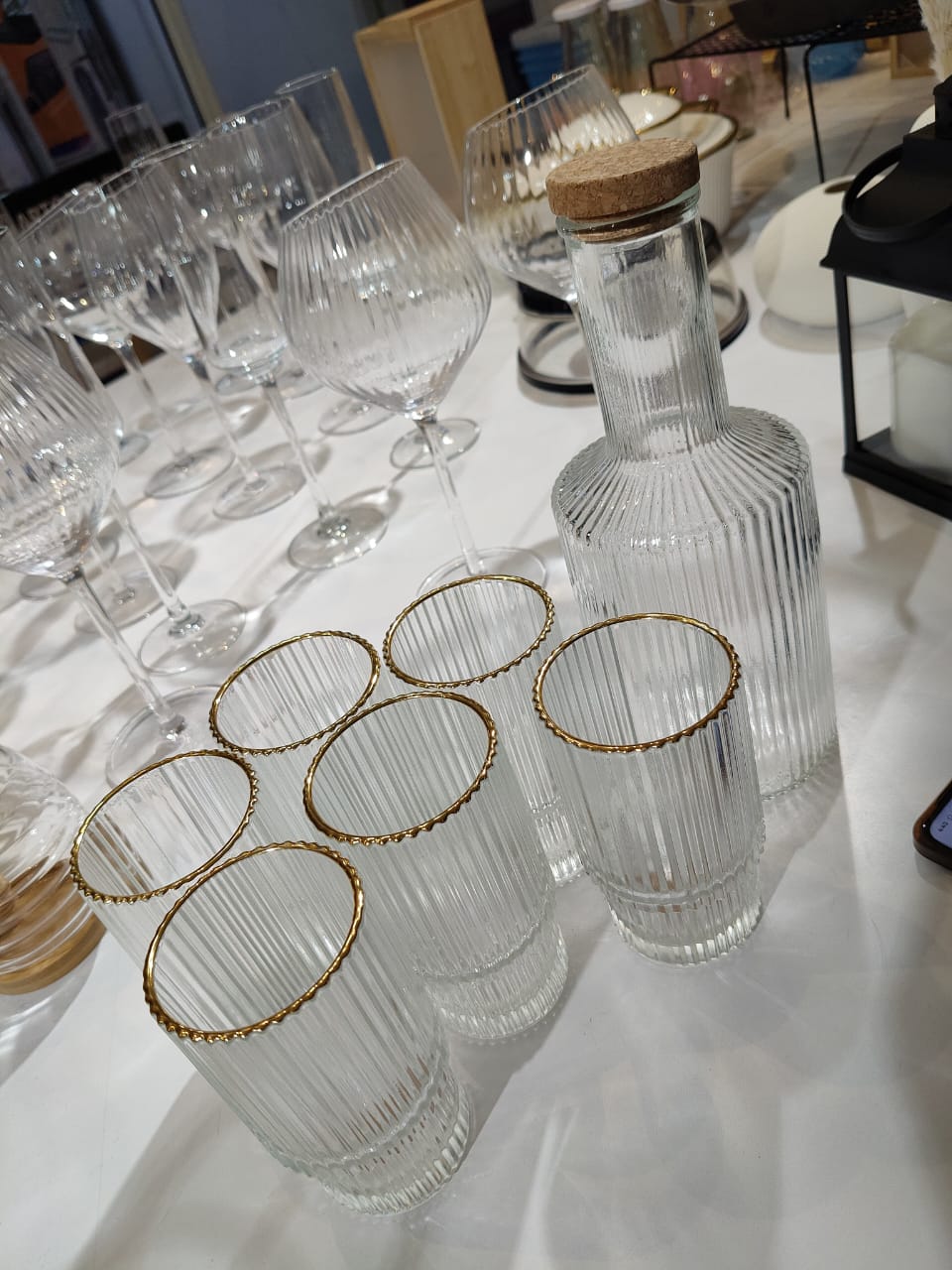 6Pc Ribbed glasses with gold rim and decanter