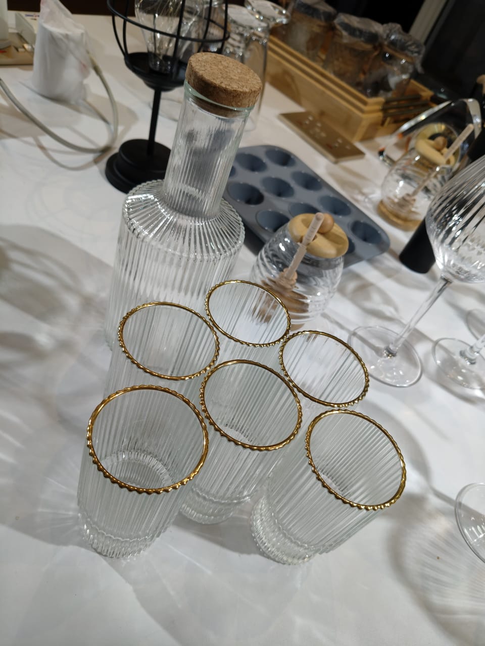 6Pc Ribbed glasses with gold rim and decanter