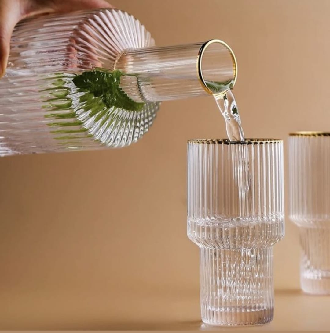 6Pc Ribbed glasses with gold rim and decanter