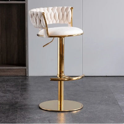 Velvet Swivel Bar Chair with Backrest – Height Adjustable, Gold Legs | Modern Bar Stool