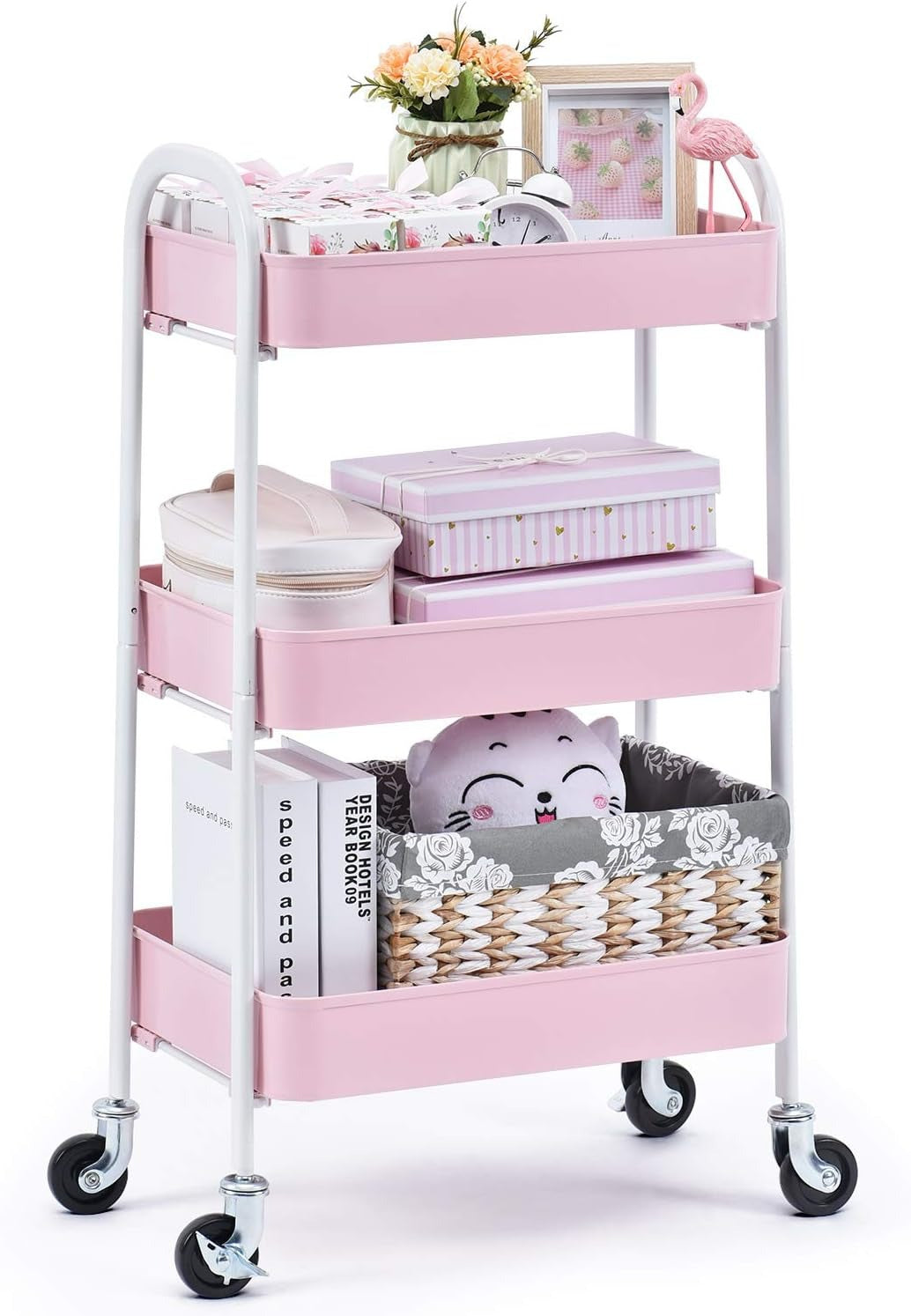 3 Tier Fully Metallic Movable Trolley Storage Rack with Wheels for Kitchen Bathroom Office