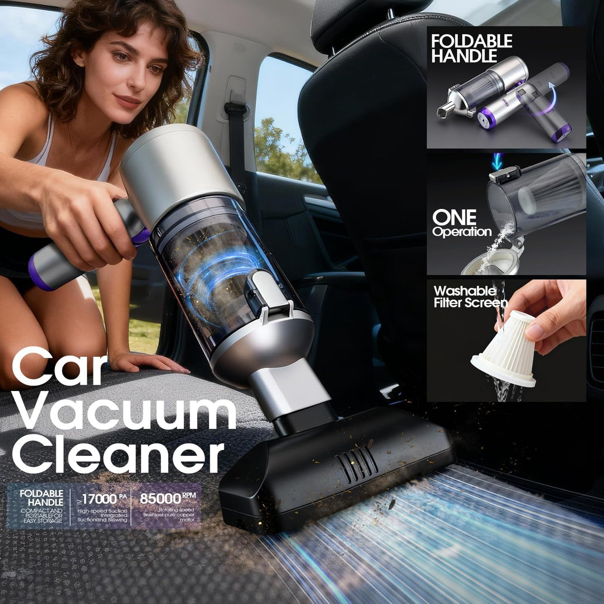 DSP 11-in-1 Handheld Car Vacuum Cleaner, 120W High Power Cordless Vac with 17kPa Suction, Multi-Nozzles for Car, Home, Keyboard, Sofa & Pet