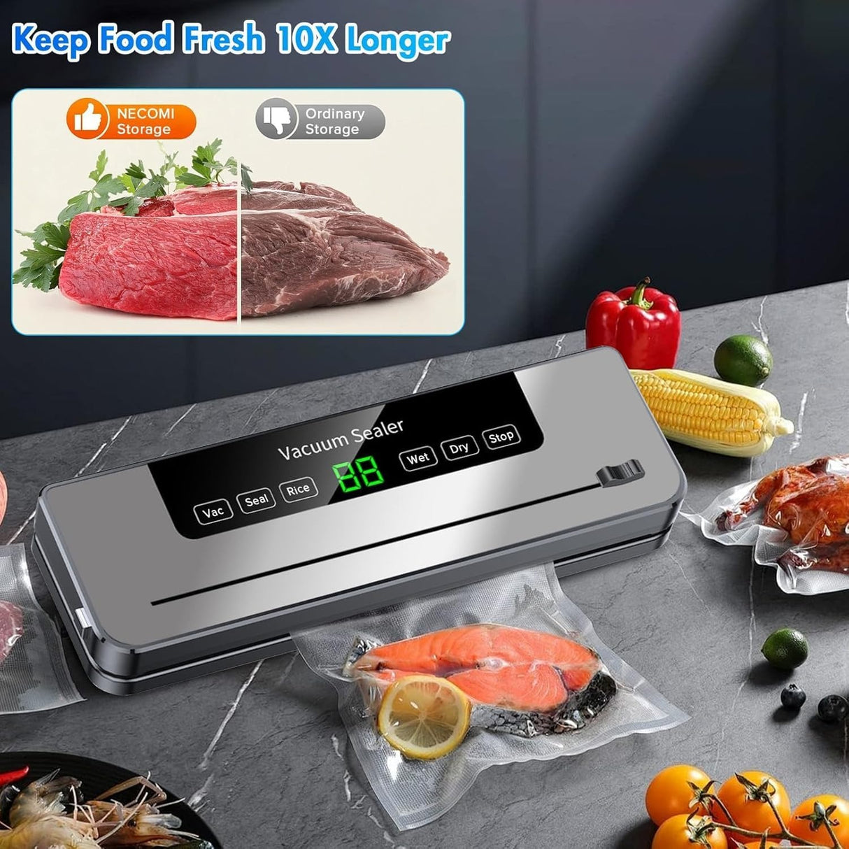 Vacuum Sealer Machine 5-in-1 Fully Automatic Food Saver with Dry/Moist Mode, LED Display & Seal Function – For Meat, Veggies, Fruits & Leftovers