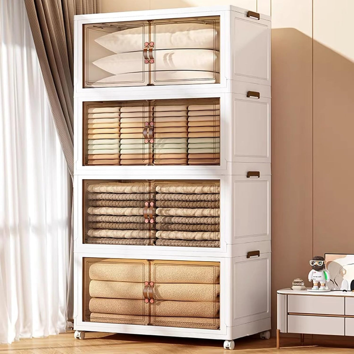 Folding Storage Box with Doors and Wheels Collapsible Plastic Storage Bin for Closet, Bedroom & Kids Room Stackable Organiser