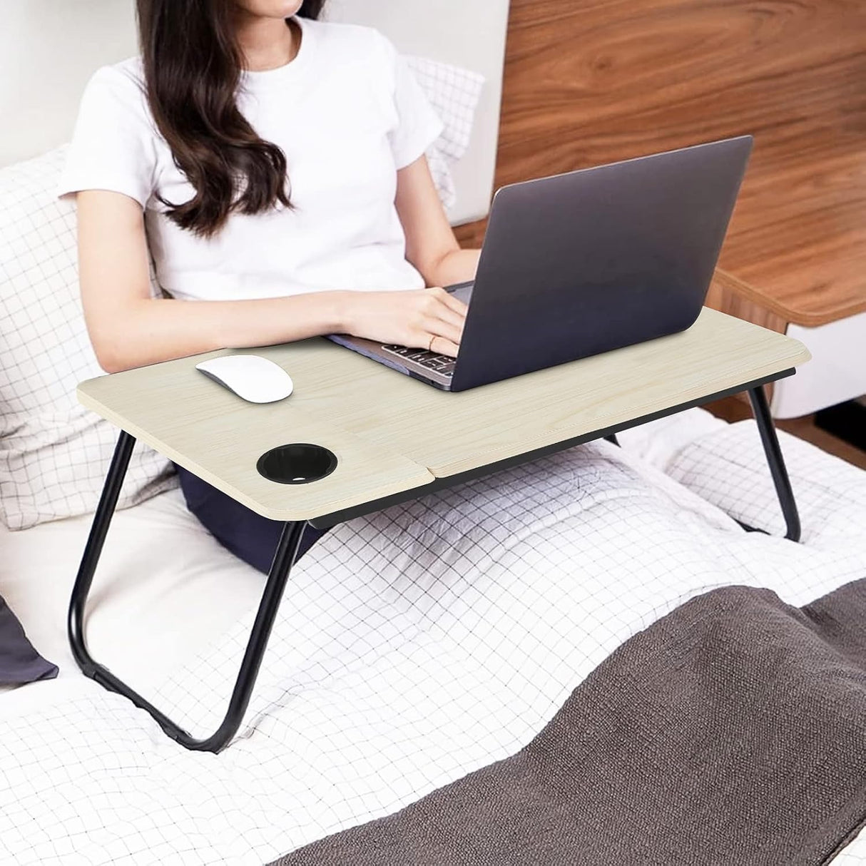 Adjustable Tilting Laptop Folding Table Stand Desk Bed Table with Foldable Legs for Laptop and Writing, Computer Tray with Cup Slot for Working, Reading on Bed