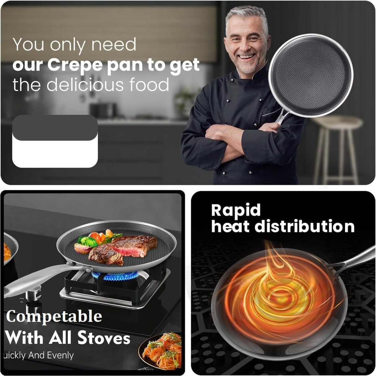 Uakeen 28cm Non-Stick Frying Pan Stainless Steel Flat Skillet with Honeycomb Coating Induction Compatible Chapati, Pizza & Omelette Pan