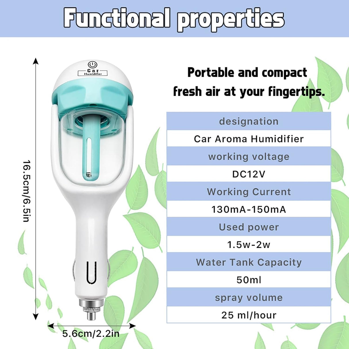 Car Humidifier, Car Essential Oil Diffuser, Portable Car Air Freshener, Personal Car Purifier Humidifier, Mini Cool Mist Humidifier with 12V Charging Port Blue