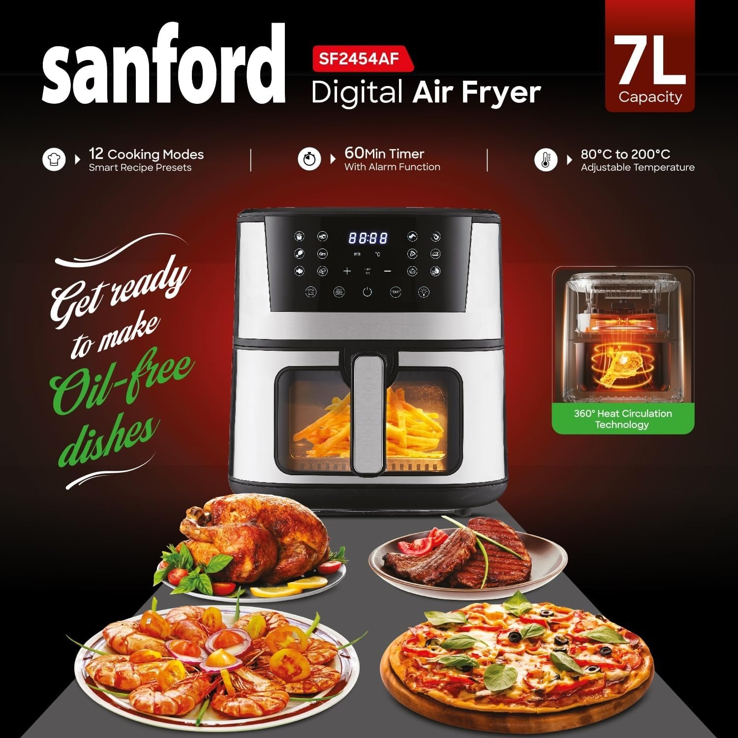 Sanford Digital Non Stick Air Fryer, 1700W, 7L, Touch Control Panel, 12 Presets Modes, Oil Free Cooking, Advanced Vortex Technology, Adjustable Temperature and Timer, Auto Shutoff and Alarm