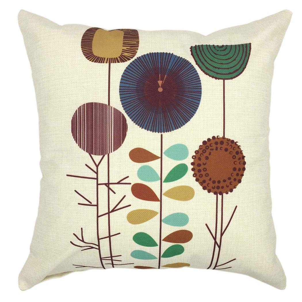 Cushion Cover, Set of 4 Cartoon Flowers Pattern Cotton and Linen Pillowcase Square House Sofa Cover 45 x 45 cm