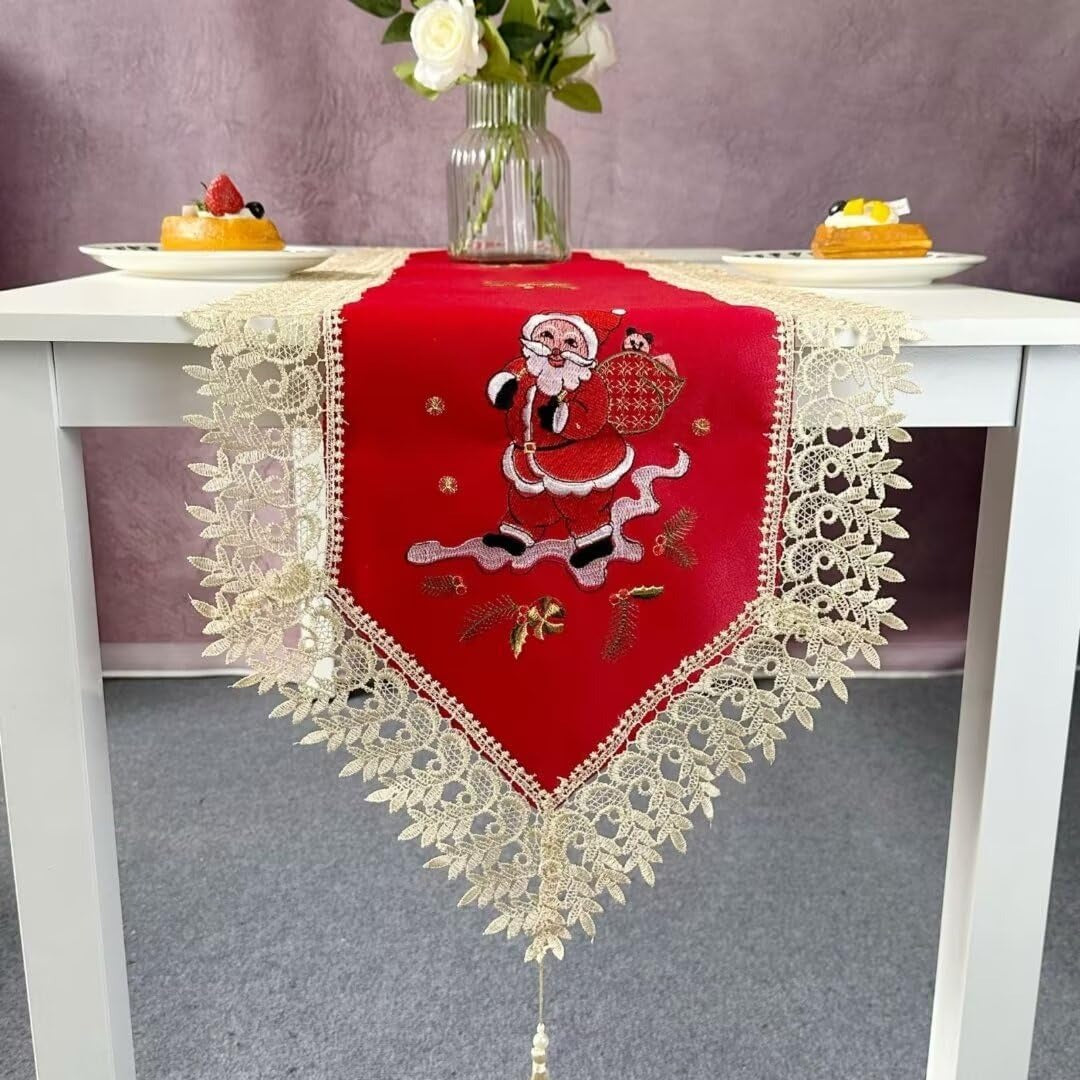 Christmas Flowers Table Runner 16x71 Inch Christmas Theme Table Runner with Lace Edge for Home Holiday Kitchen Dining Table Decor