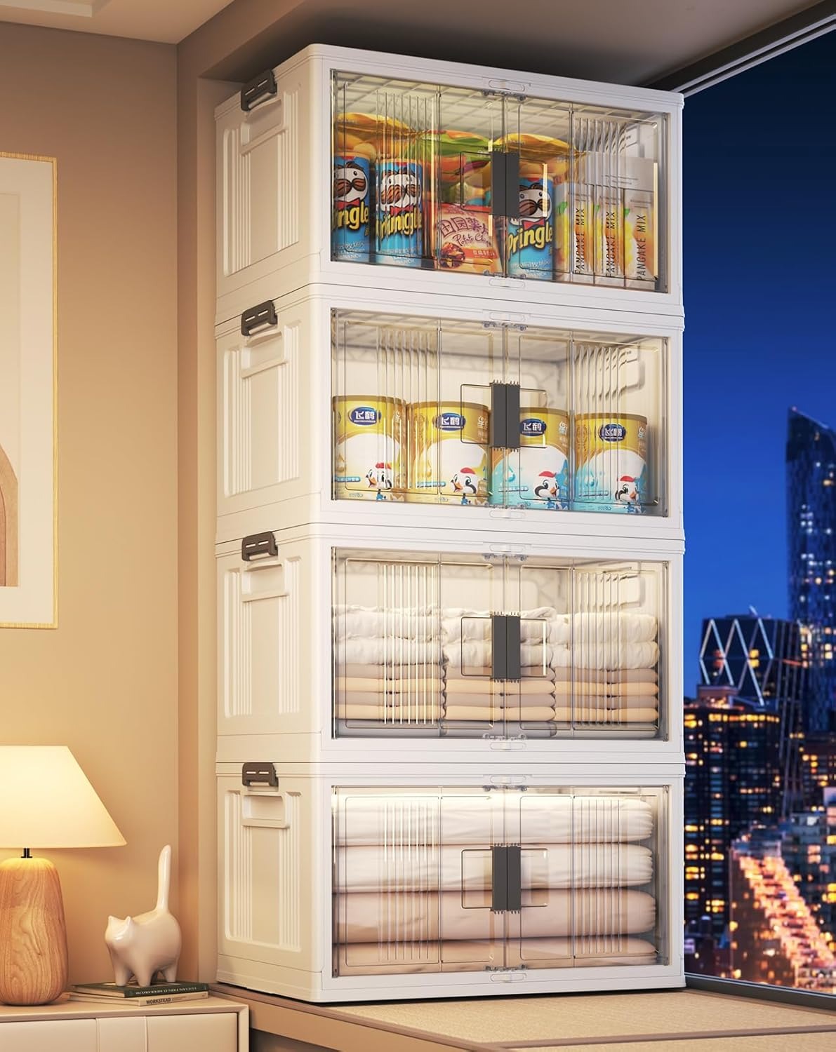 Folding Storage Box with Doors and Wheels Collapsible Plastic Storage Bin for Closet, Bedroom & Kids Room Stackable Organiser