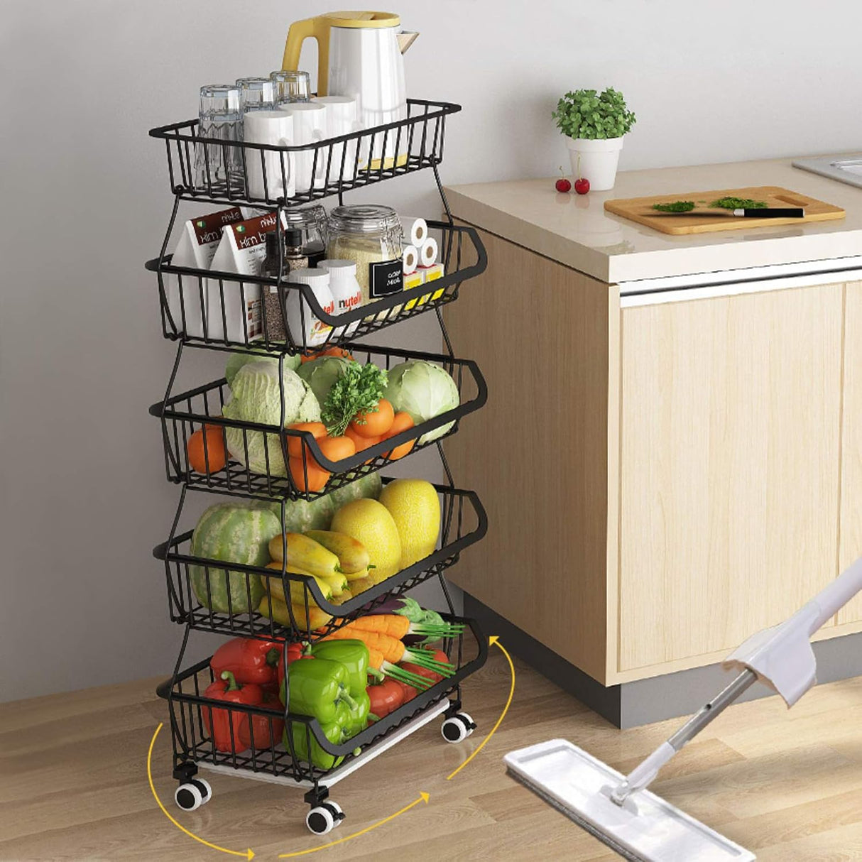 5-Tire Fruit and Vegetable Storage Rack, Metal Wire Storage Basket for Kitchen