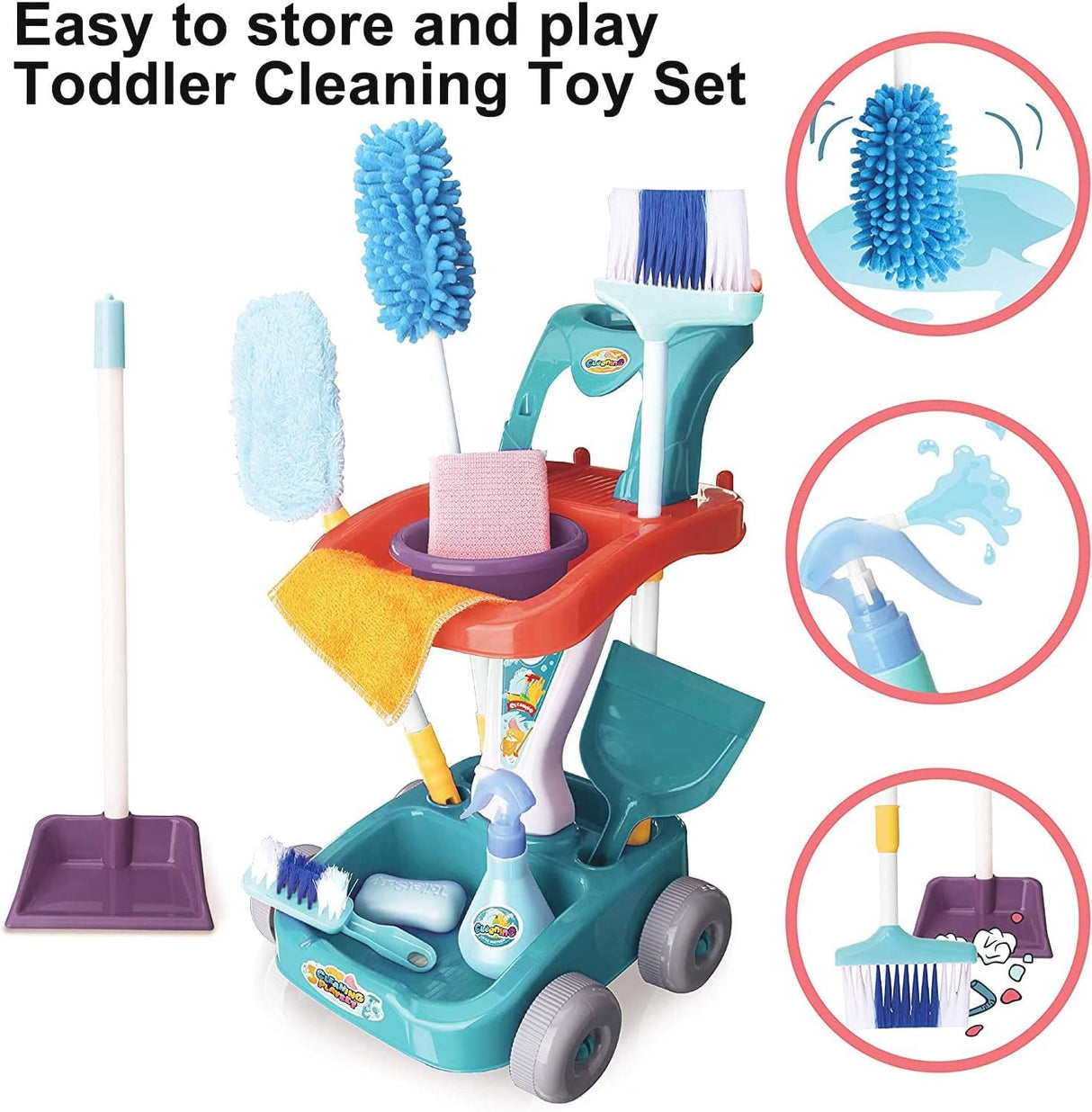 Kids Cleaning Play Set broom with cart, brooms, and mop