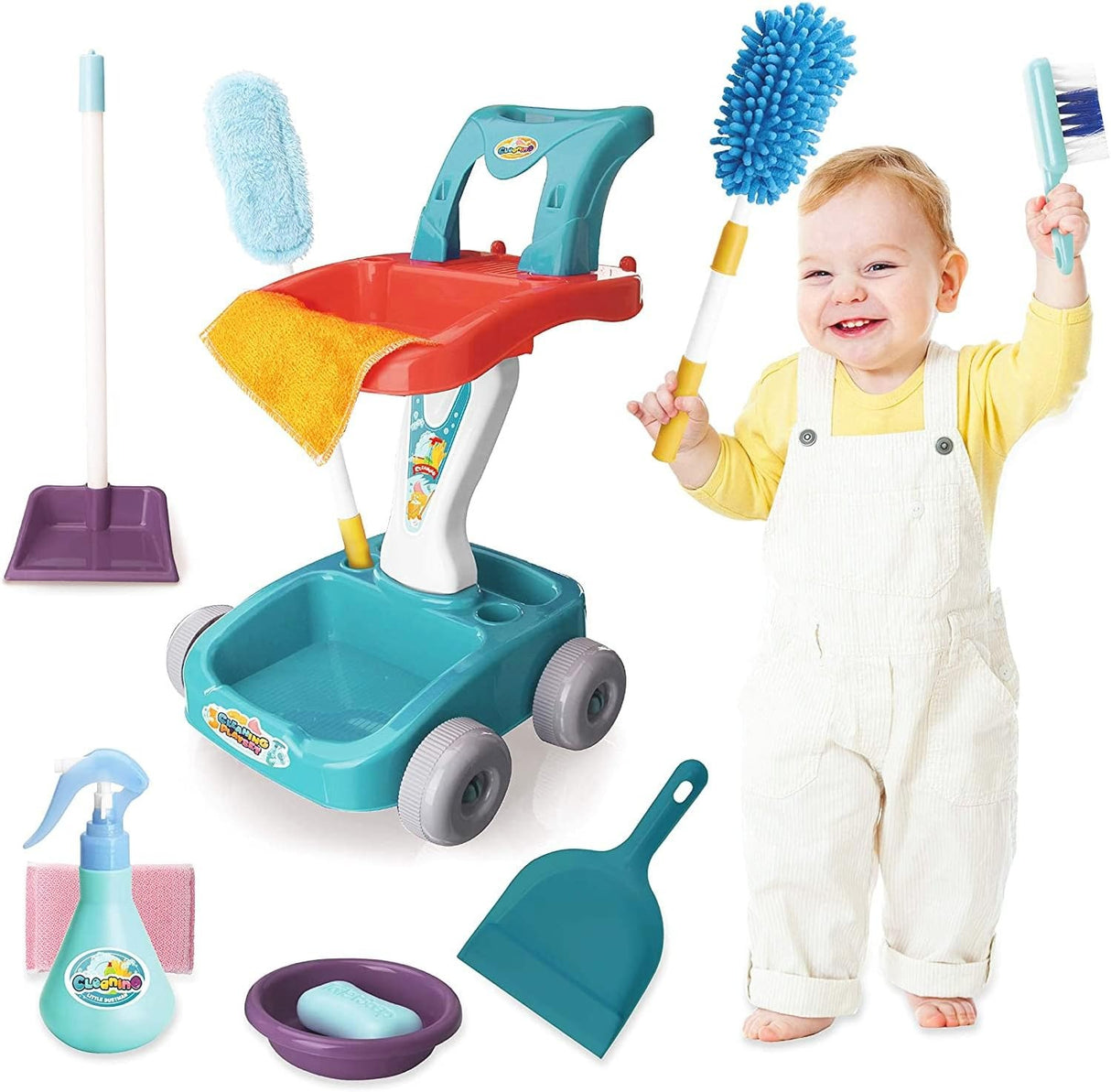 Kids Cleaning Play Set broom with cart, brooms, and mop