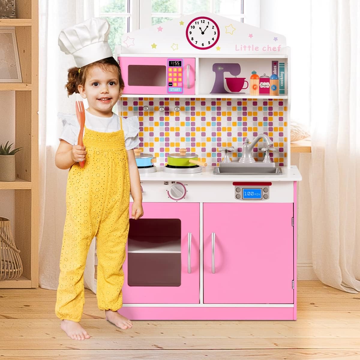 Pretend Play Toy Kitchen Set with Simulation Stove, Microwave Oven and Realistic Sounds, Large Wooden Play Kitchen for Toddlers