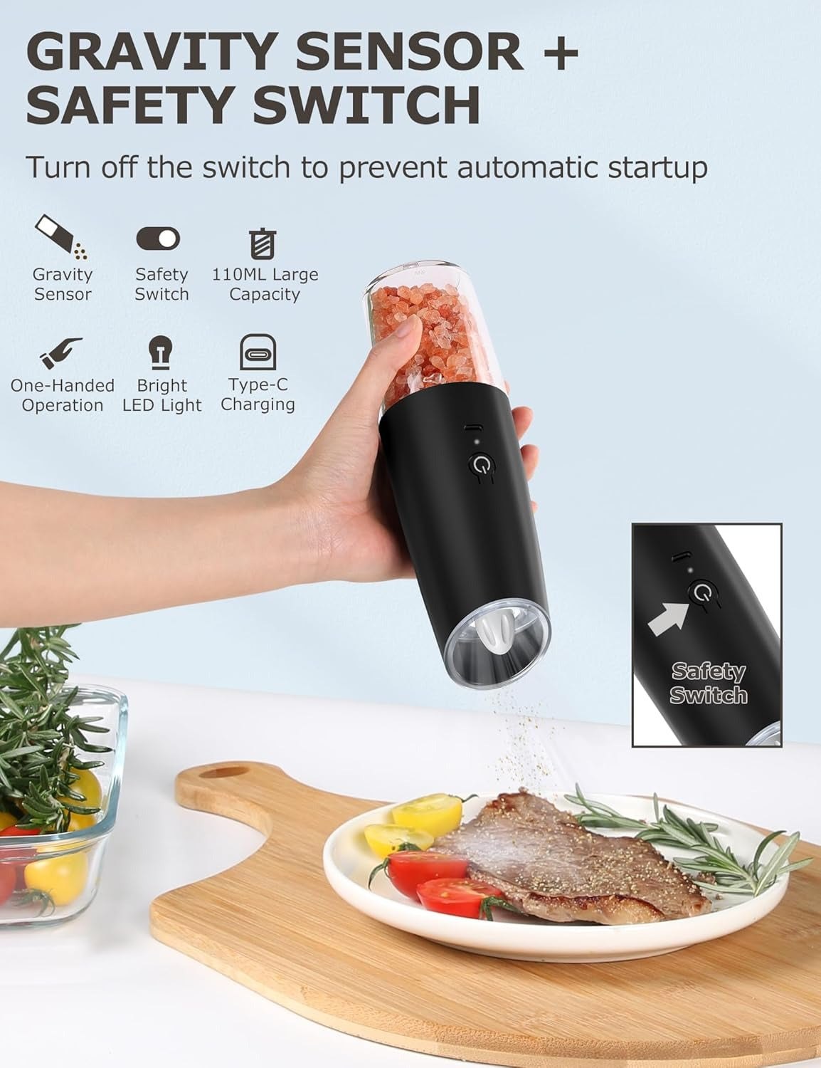 Salt or Pepper Grinder Gravity Electric Salt Grinder Rechageable Battery Powered Pepper Mill Adjustable Grinder Coarseness