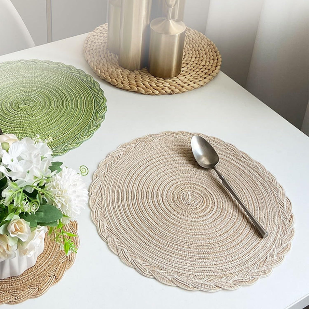 38cm Round Placemats Set of 6 Cotton Woven Heat Resistant Washable Table Mat for Kitchen Dining Room