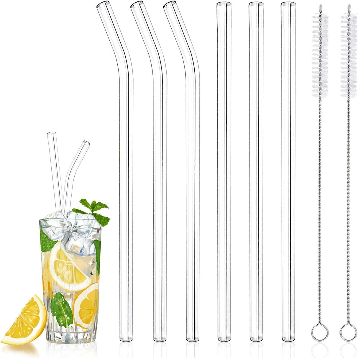 Clear Glass Straw 6 Pcs Reusable Drinking Straws with 1 Cleaning Brush 8mm Straight Bent Straw Set for Cocktail Glass, Smoothies, Milkshakes, Juices, Teas