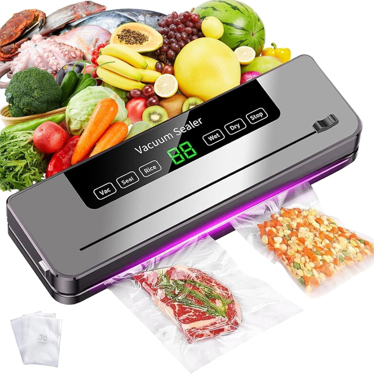 Vacuum Sealer Machine 5-in-1 Fully Automatic Food Saver with Dry/Moist Mode, LED Display & Seal Function – For Meat, Veggies, Fruits & Leftovers