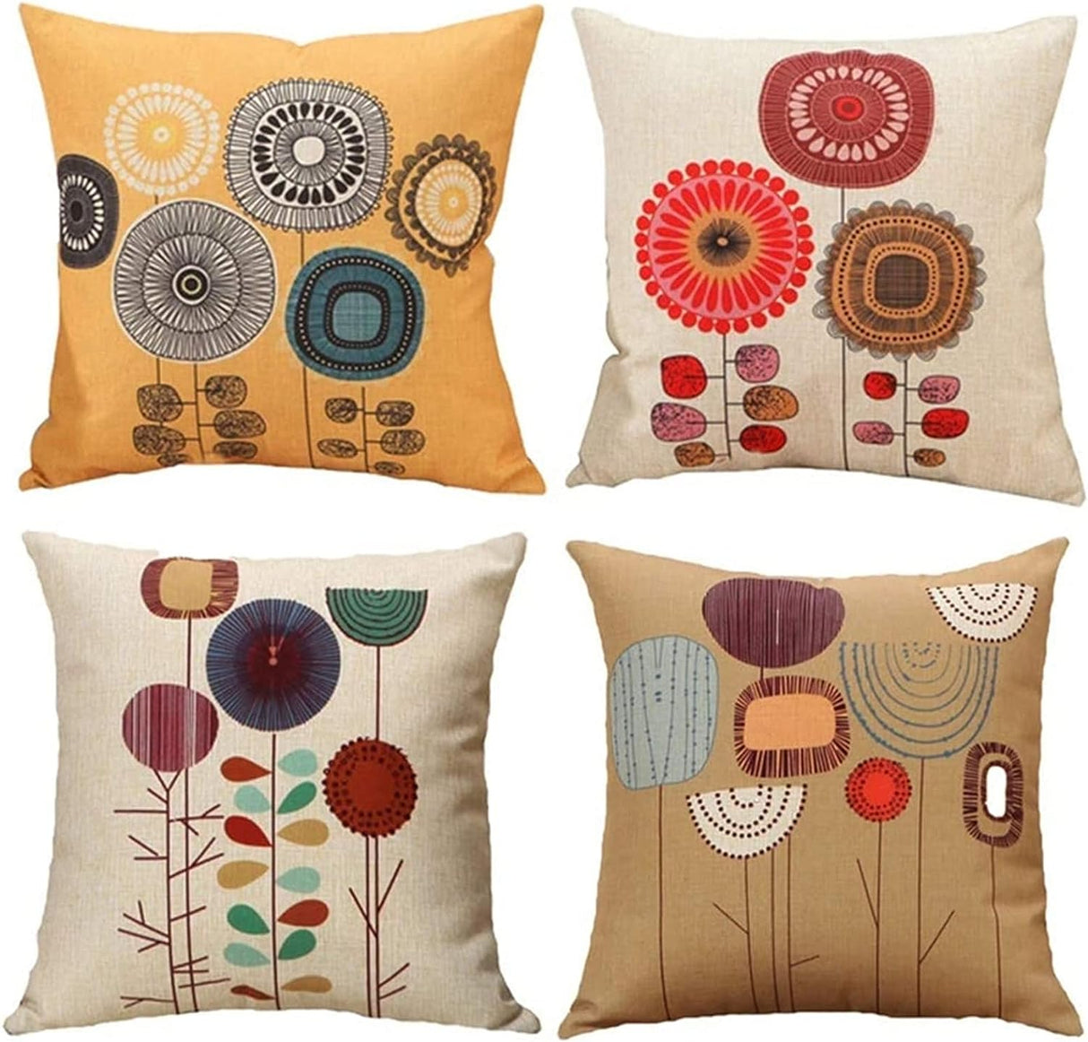 Cushion Cover, Set of 4 Cartoon Flowers Pattern Cotton and Linen Pillowcase Square House Sofa Cover 45 x 45 cm