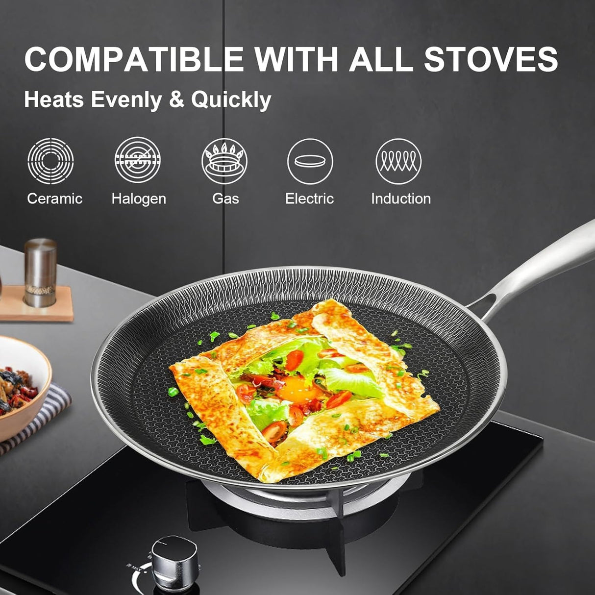 Uakeen 28cm Non-Stick Frying Pan Stainless Steel Flat Skillet with Honeycomb Coating Induction Compatible Chapati, Pizza & Omelette Pan