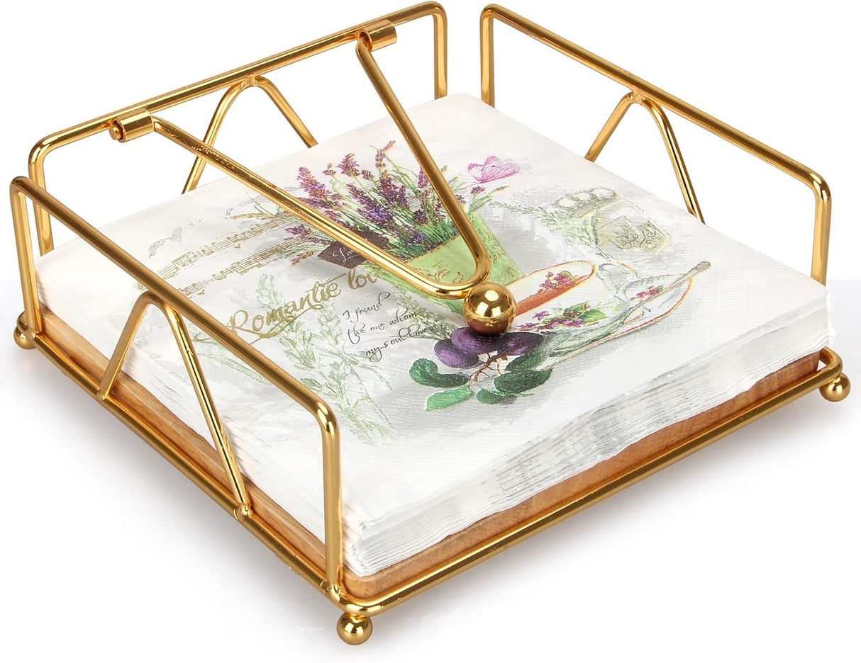 Gold Modern Napkin Holder for Table with Weighted Arm, Square Metal Flat Napkin Holder