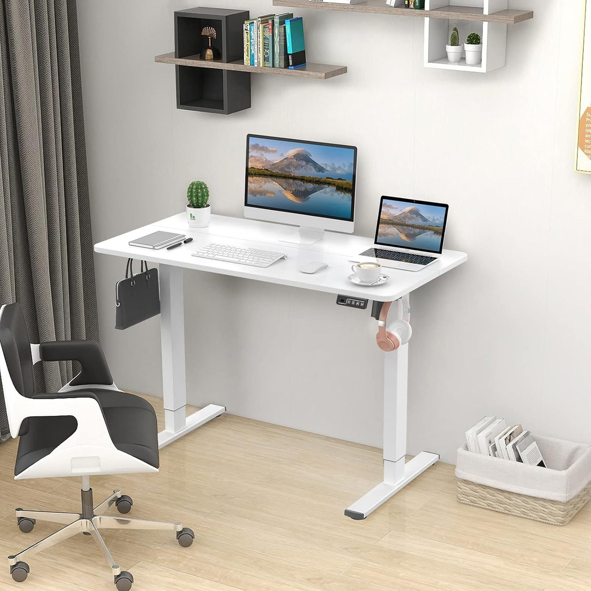 Electric Height Adjustable Computer Laptop Desk Power Lift Sit-Stand Desk with Memory Settings – Modern Standing Desktop Table for Home Office, Bed & Sofa Multi-Purpose Ergonomic Desk