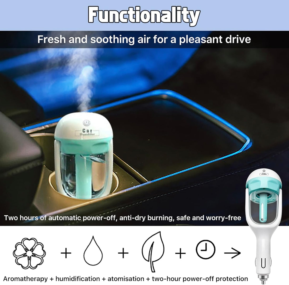 Car Humidifier, Car Essential Oil Diffuser, Portable Car Air Freshener, Personal Car Purifier Humidifier, Mini Cool Mist Humidifier with 12V Charging Port Blue