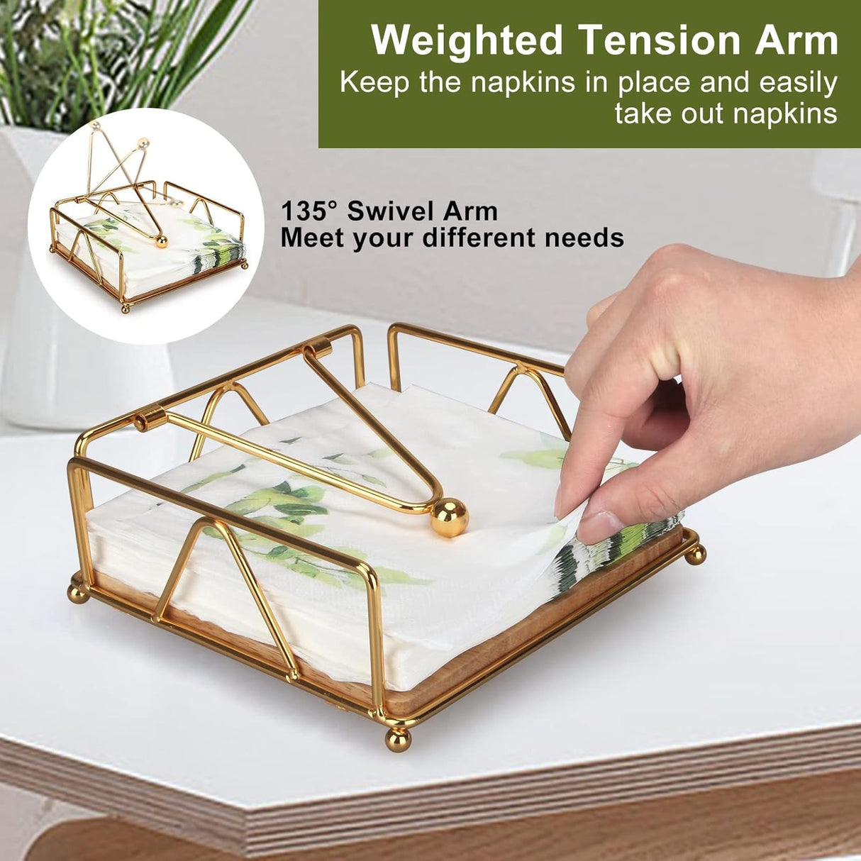 Gold Modern Napkin Holder for Table with Weighted Arm, Square Metal Flat Napkin Holder