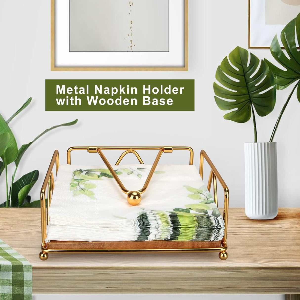 Gold Modern Napkin Holder for Table with Weighted Arm, Square Metal Flat Napkin Holder