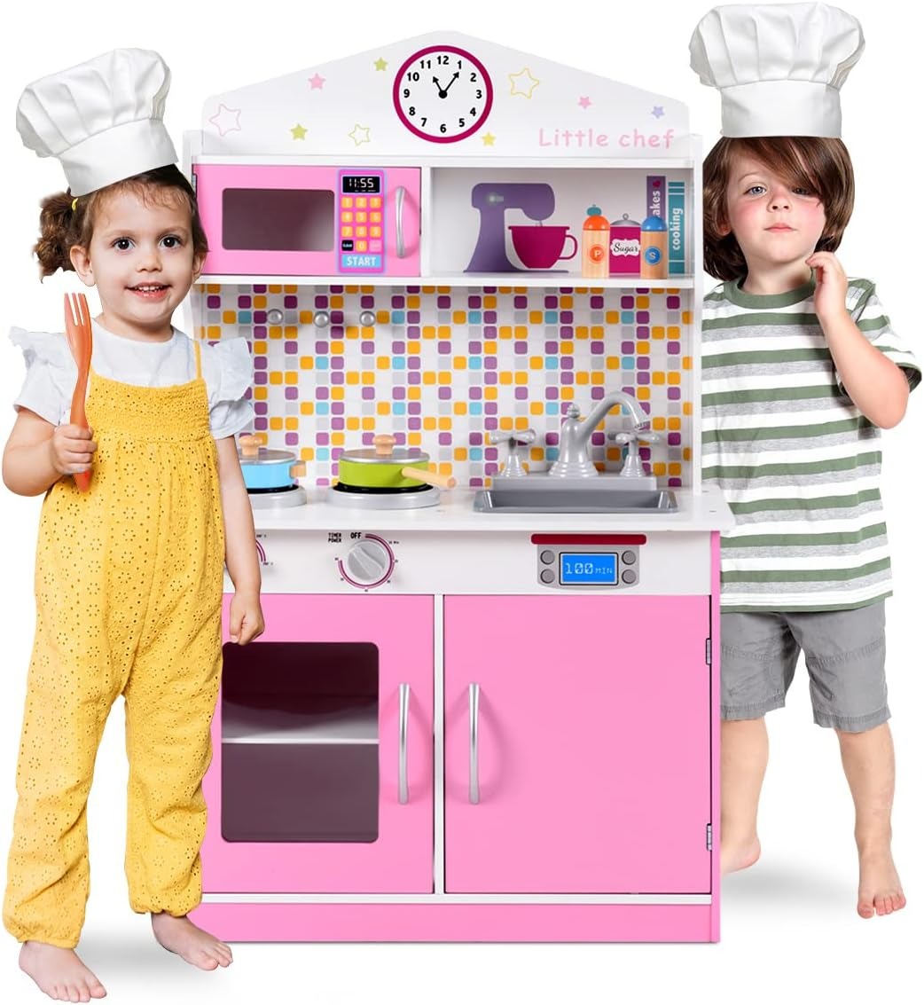 Pretend Play Toy Kitchen Set with Simulation Stove, Microwave Oven and Realistic Sounds, Large Wooden Play Kitchen for Toddlers