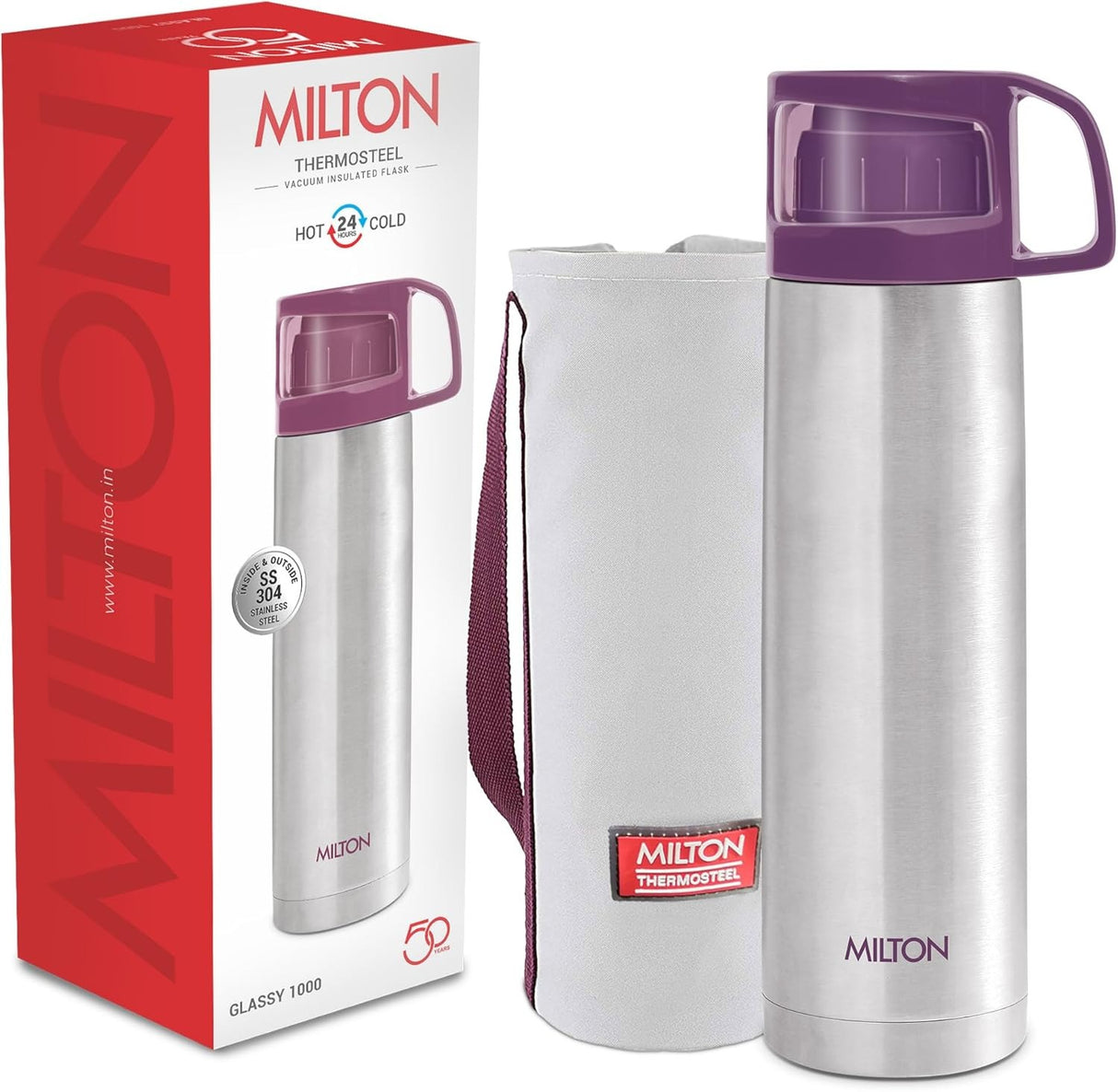 Milton Glassy 1000 Thermosteel Bottle – 24 Hours Hot & Cold, 1 Litre with Bag & Drinking Cup Lid