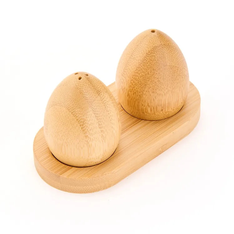 Bamboo Salt & Pepper Shaker Set with Wooden Tray – Egg-Shaped Natural Wood Spice Dispensers, 3 Piece