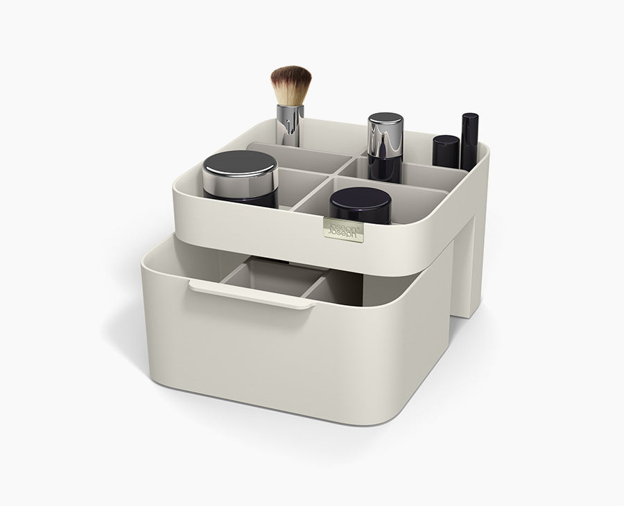 Joseph Joseph Viva cosmetic organiser in Shell shown from the front with the drawer closed.