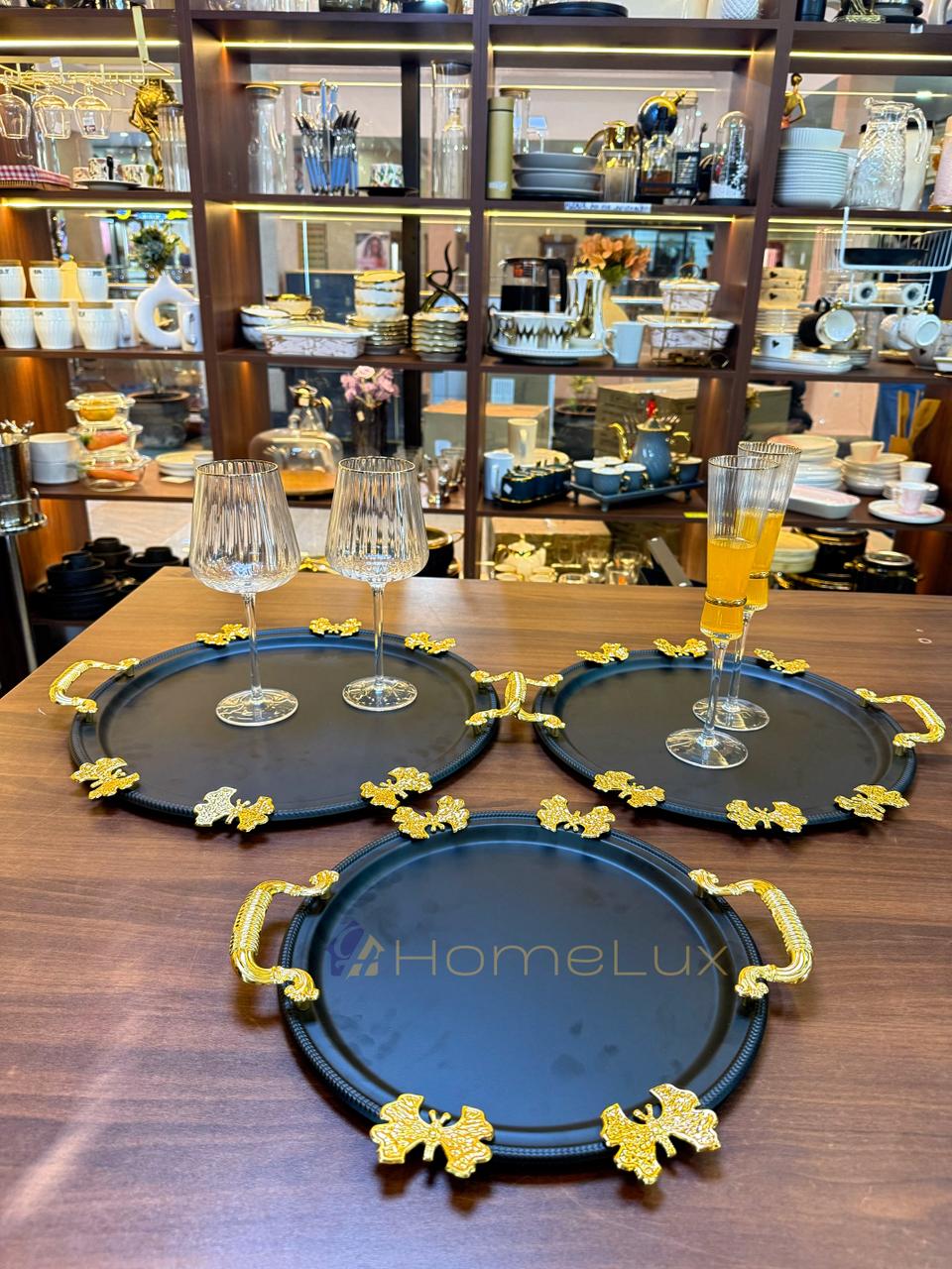 Luxury Serving Tray Set 3 Pieces Iron Steel Serving Tray Set Full Nickel With Gold Handle