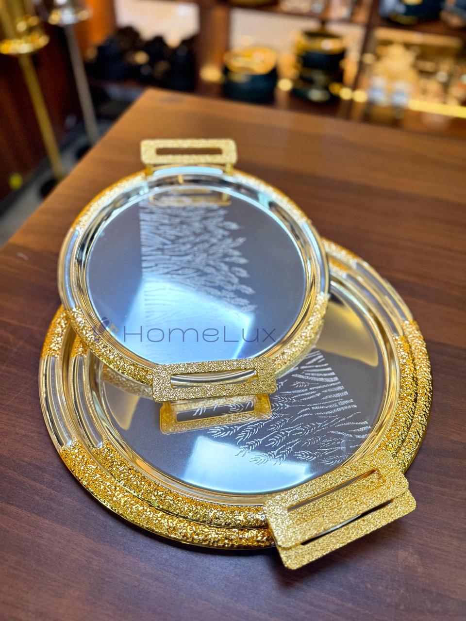 Luxury Serving Tray Set 3 Pieces Iron Steel Serving Tray Set Full Nickel With Gold Handle