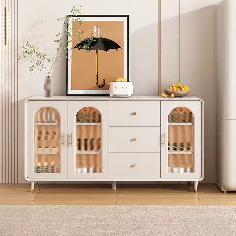 Modern Wood & Stone Buffet Console Table with Glass Doors – Luxury Entryway Cabinet | Kenya