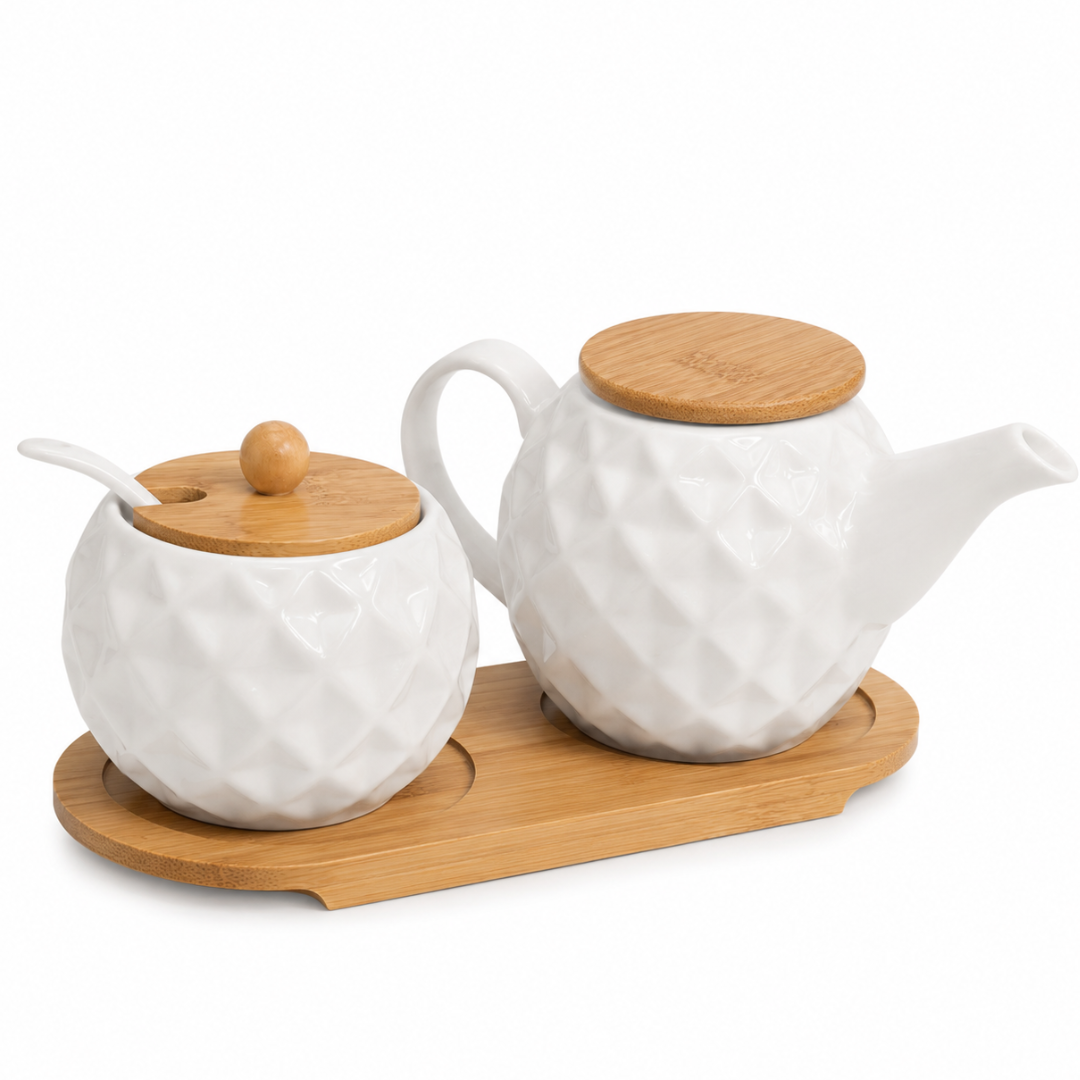 Elegant 3-Piece Ceramic Tea Set with Wooden Lids – Teapot, Sugar Dish & Lid | Homelux Kenya