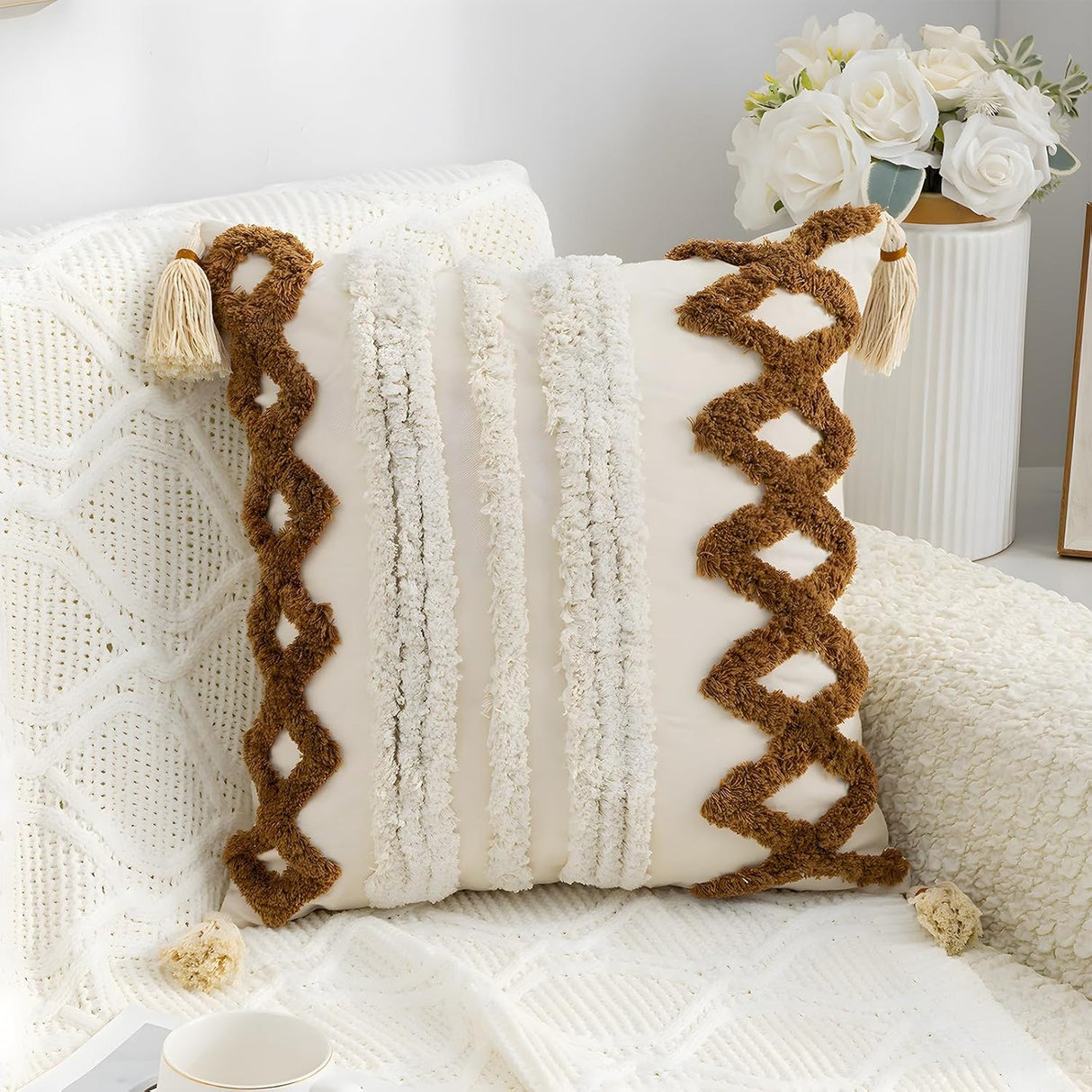 Decorative Boho Cushion Cover, Boho Cushion Beige Decorative Cotton Decorative Cushion Morocco Tufted Cushion Cover