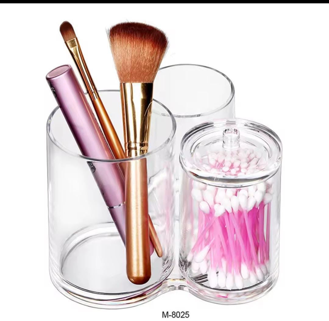2-in-1 Acrylic Round Cotton Swab Holder & Makeup Brush Holder, Clear Acrylic Organiser with Lid for Bathroom, Vanity & Dressing Table