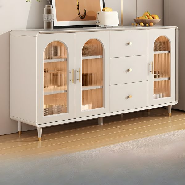 Modern Wood & Stone Buffet Console Table with Glass Doors – Luxury Entryway Cabinet | Kenya