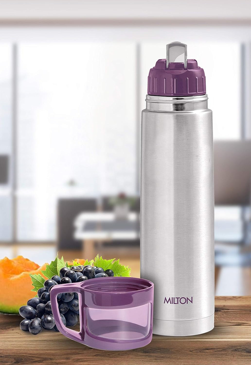 Milton Glassy 1000 Thermosteel Bottle – 24 Hours Hot & Cold, 1 Litre with Bag & Drinking Cup Lid