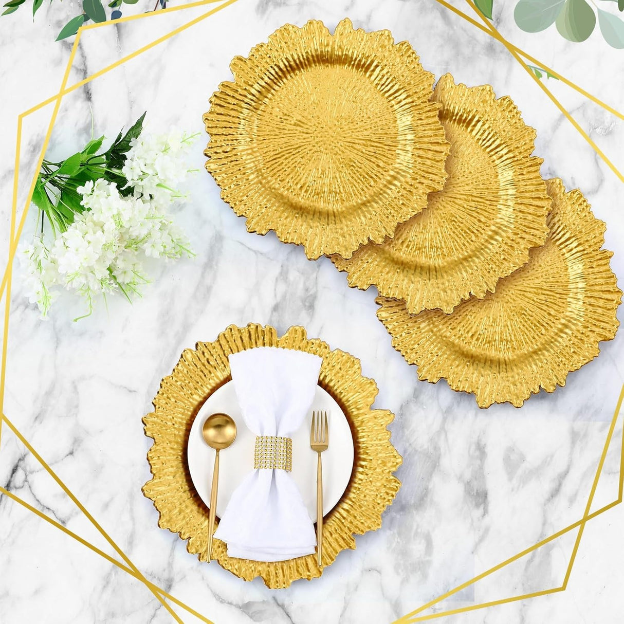 6 Pack Gold Charger Plates for Dinner Plates, 13" Round Plastic Chain Shaped Charger Service Plates, Decorative Chargers Bulk for Table Setting, Wedding, Party, Event