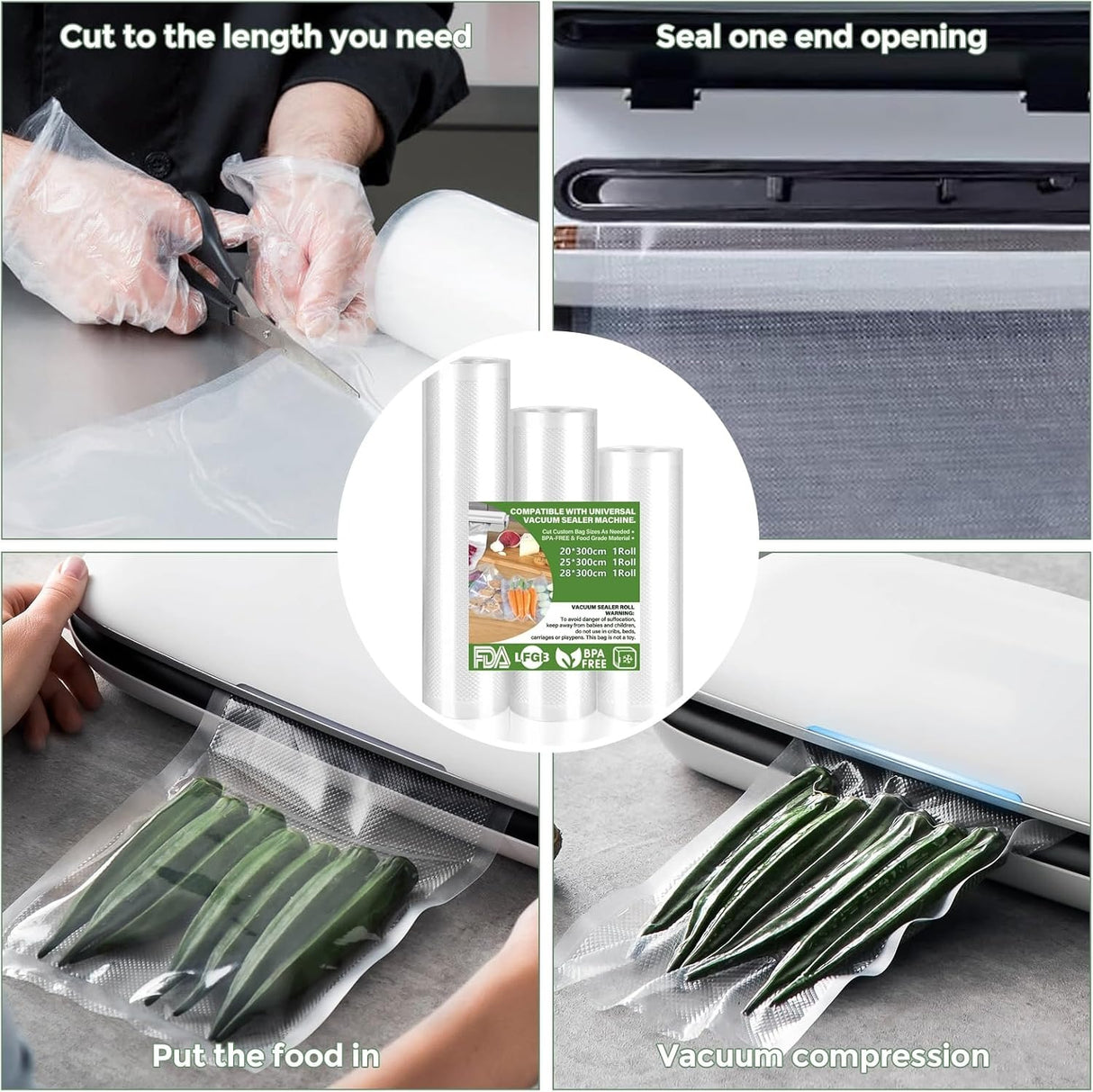 Food Vacuum Bags-3 Pack, Food Vacuum Roll, Suitable for All Vacuum Sealer Machine, for Food Preservation and Cooking, BPA Free (28/25/30 x 500cm)