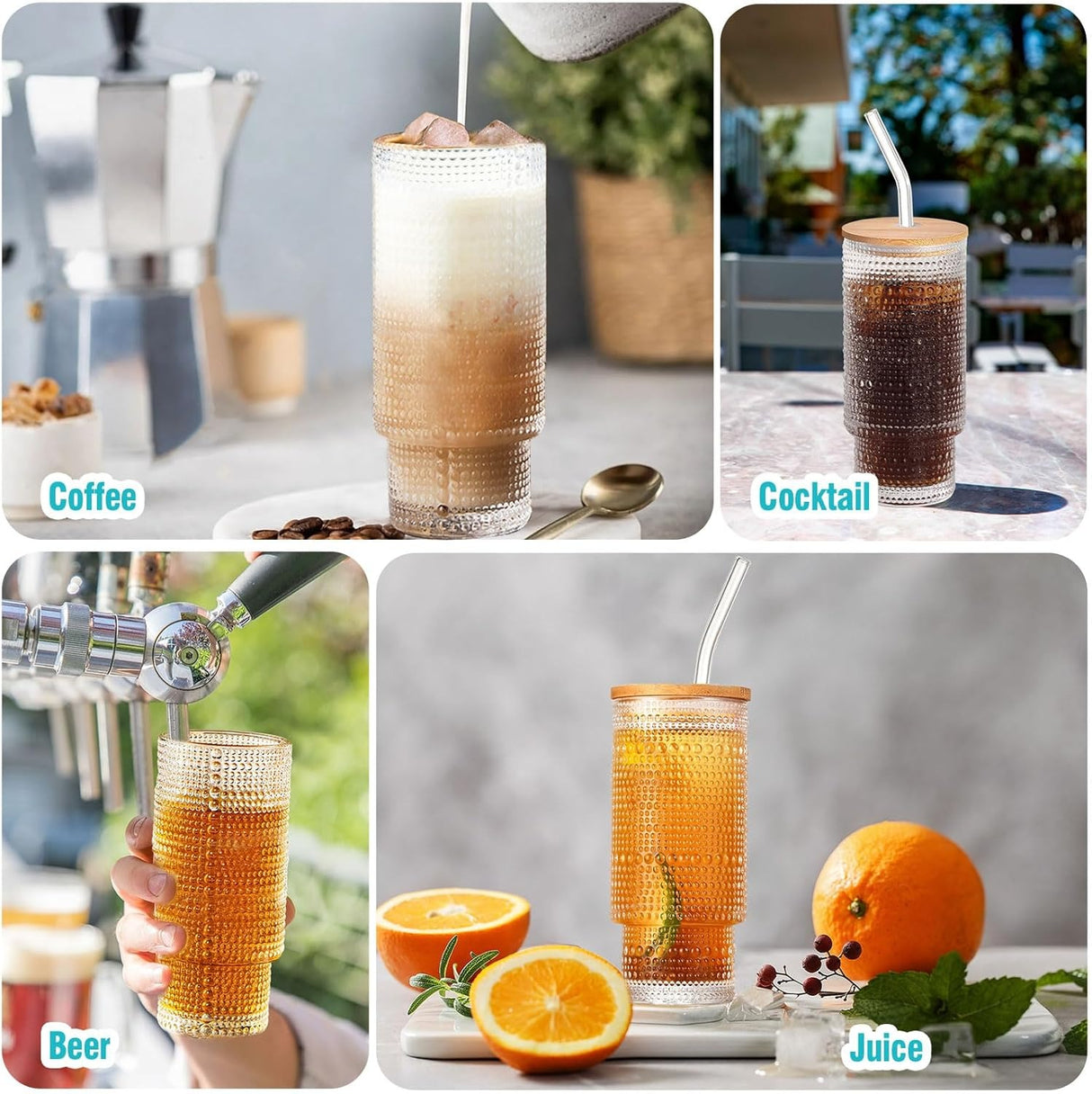 Set of 4 Cocktail Glasses, 350 ml Polka Dot Long Drink Glasses with Lid, Iced Coffee Glasses with 4 Straws / 1 Brush for Water, Cocktails, Juice, Transparent