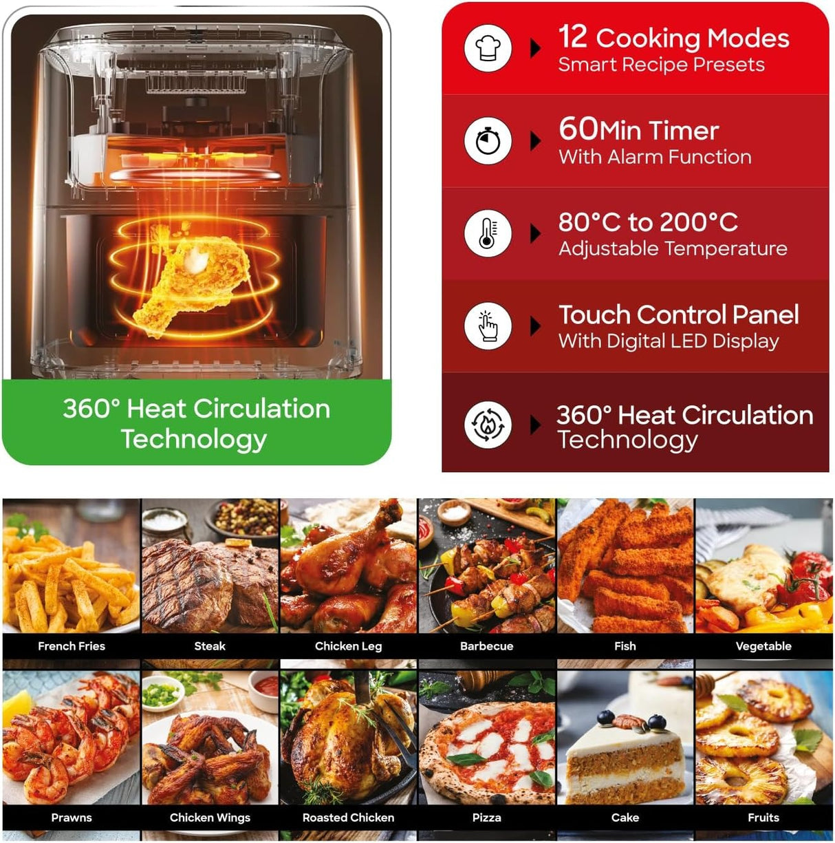 Sanford Digital Non Stick Air Fryer, 1700W, 7L, Touch Control Panel, 12 Presets Modes, Oil Free Cooking, Advanced Vortex Technology, Adjustable Temperature and Timer, Auto Shutoff and Alarm