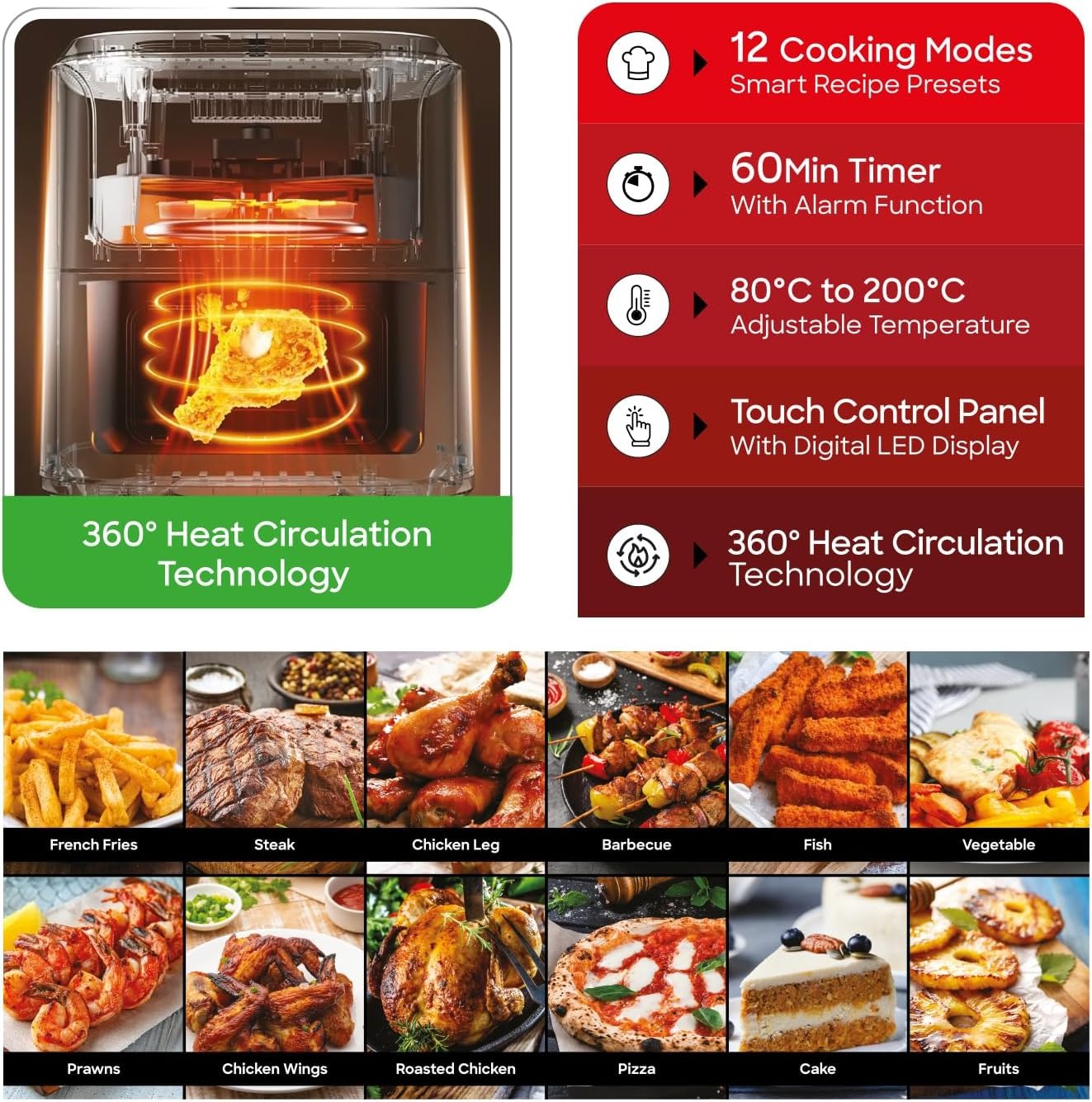 Sanford Digital Non Stick Air Fryer, 1700W, 7L, Touch Control Panel, 12 Presets Modes, Oil Free Cooking, Advanced Vortex Technology, Adjustable Temperature and Timer, Auto Shutoff and Alarm