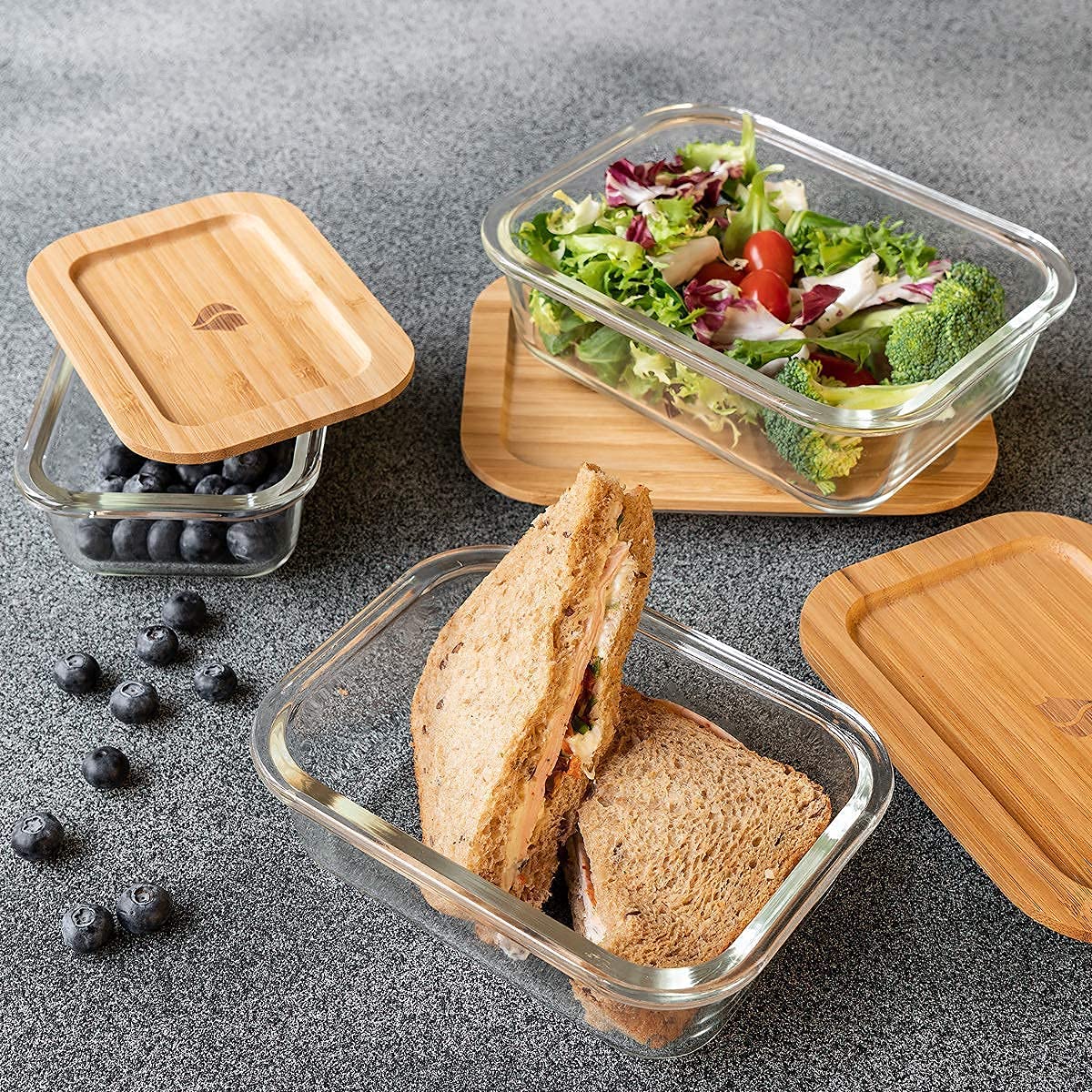 Borosilicate Glass Food Storage Containers with Wooden Lid, 3 pcs Set, Borosilicate Glass, Rectangle Shape, Transparent, Microwave Safe, 370ml, 640ml,1050ml
