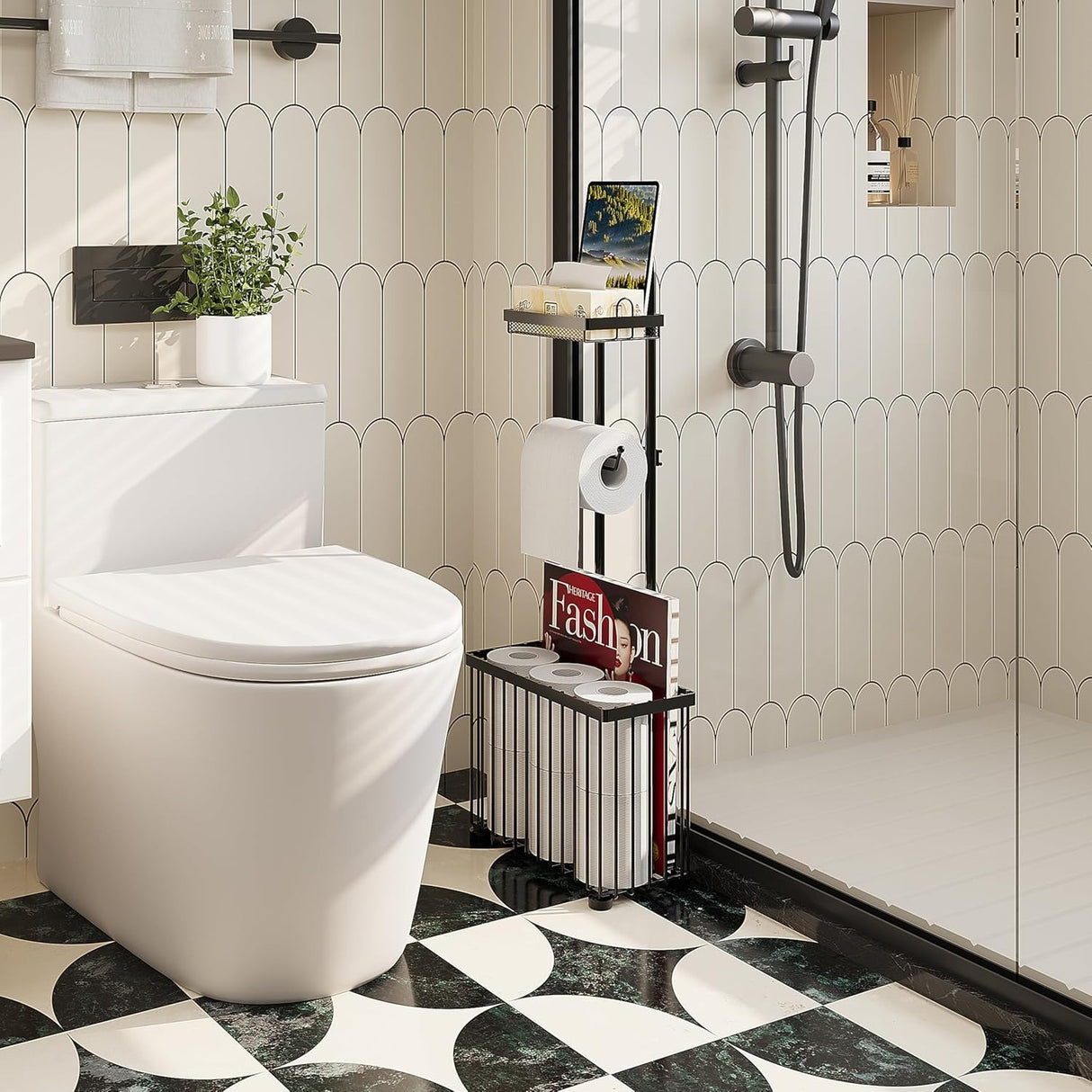 Freestanding Toilet Paper Holder Toilet Tissue Rack Scroll Stand Roll Dispenser with Storage Shelf Reserve for Phone Tablet Magazine Bathroom Organizer Bath Tissue Organizer