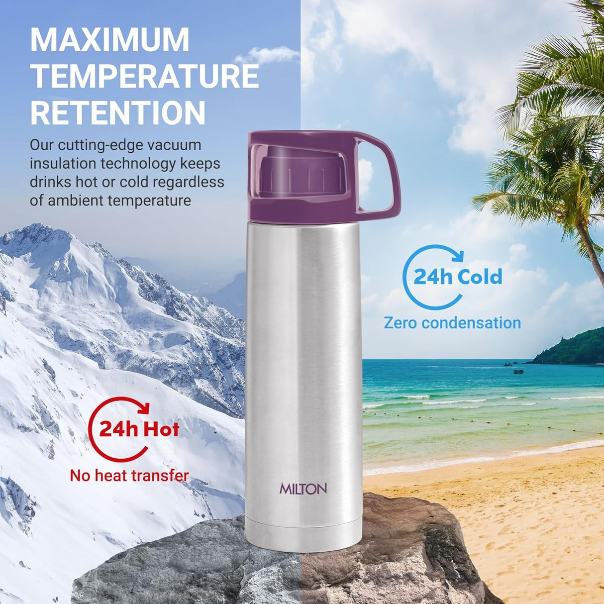 Milton Glassy 1000 Thermosteel Bottle – 24 Hours Hot & Cold, 1 Litre with Bag & Drinking Cup Lid